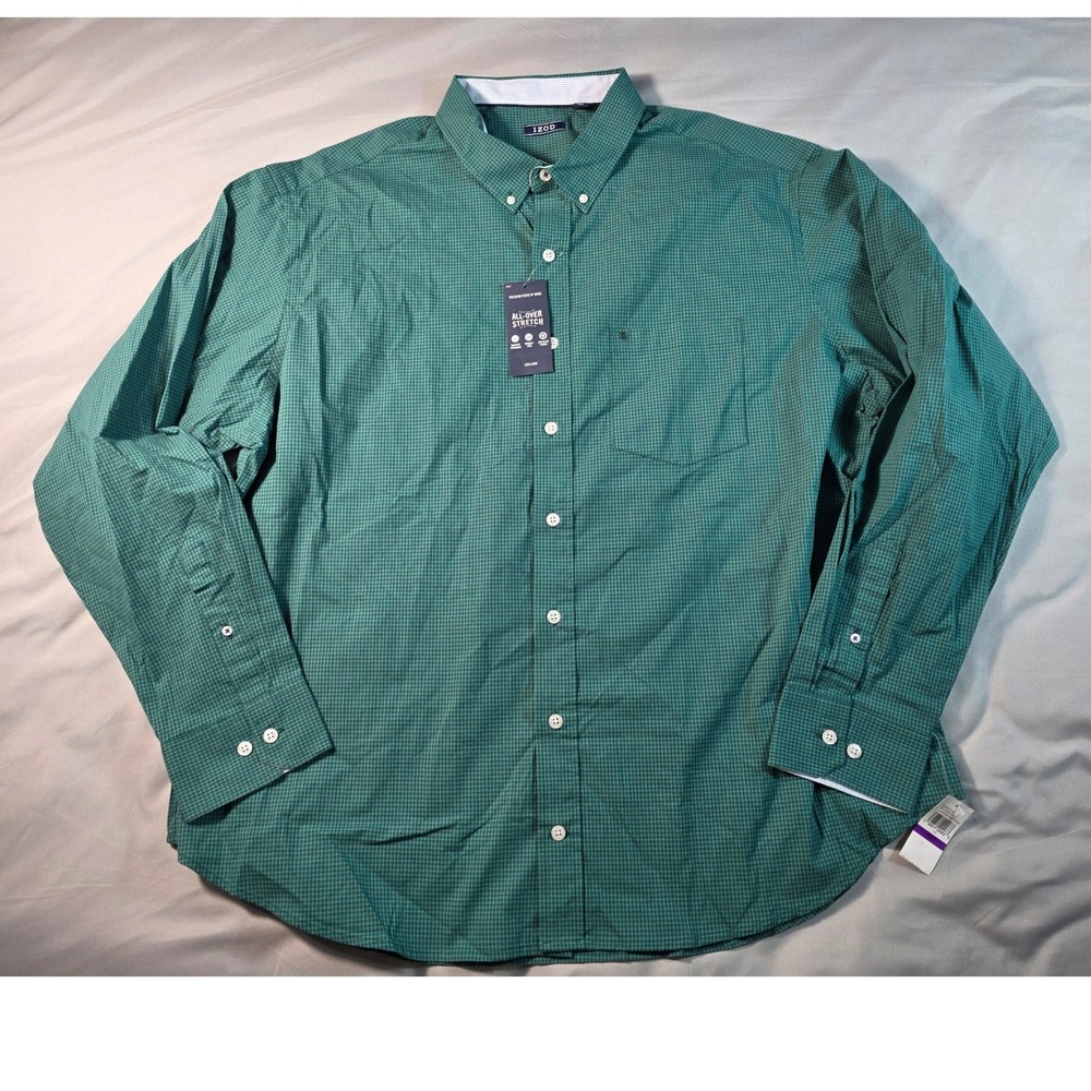 IZOD Advantage Performance Stretch Button Up Shirt Mens 2XLT Green Gingham NEW
